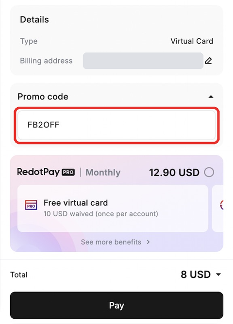 RedotPay card order screen with the Promo code field marked in red, above the total and the Pay button