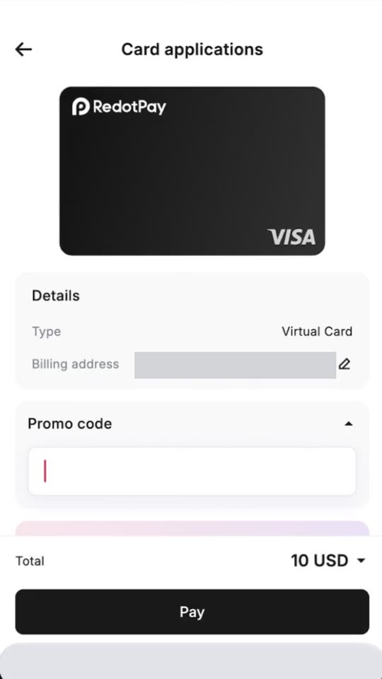 Screen recording of the RedotPay card order screen: typing FB2OFF into the Promo code field, the total drops from $10 to $8